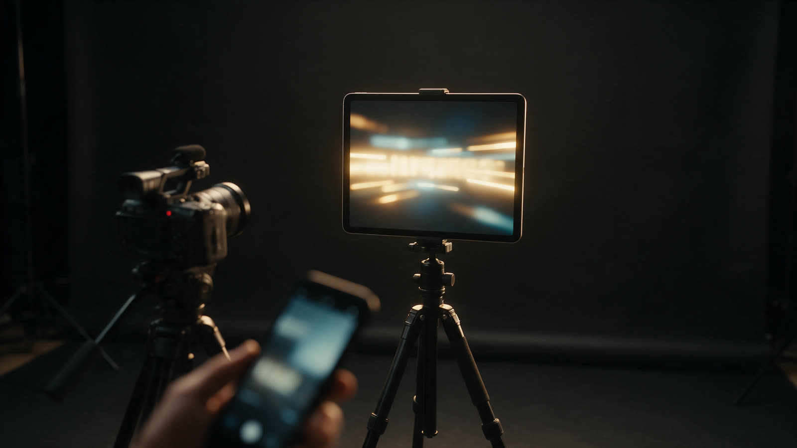 A tablet teleprompter on a tripod facing a camera while a hand holds a smartphone as a remote