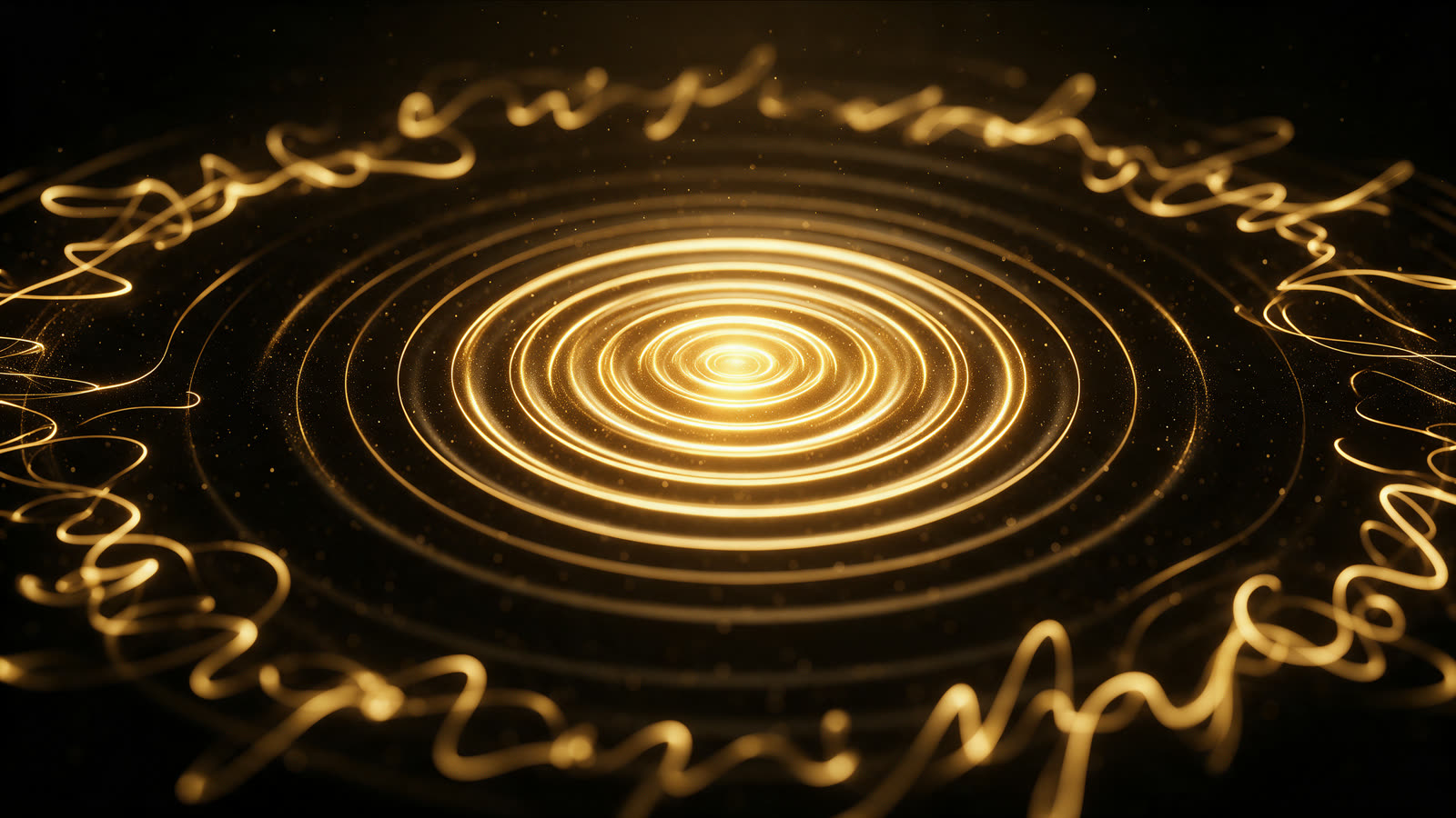 Golden rings of sound spreading outward and dissolving into glowing lines of handwriting on a dark background