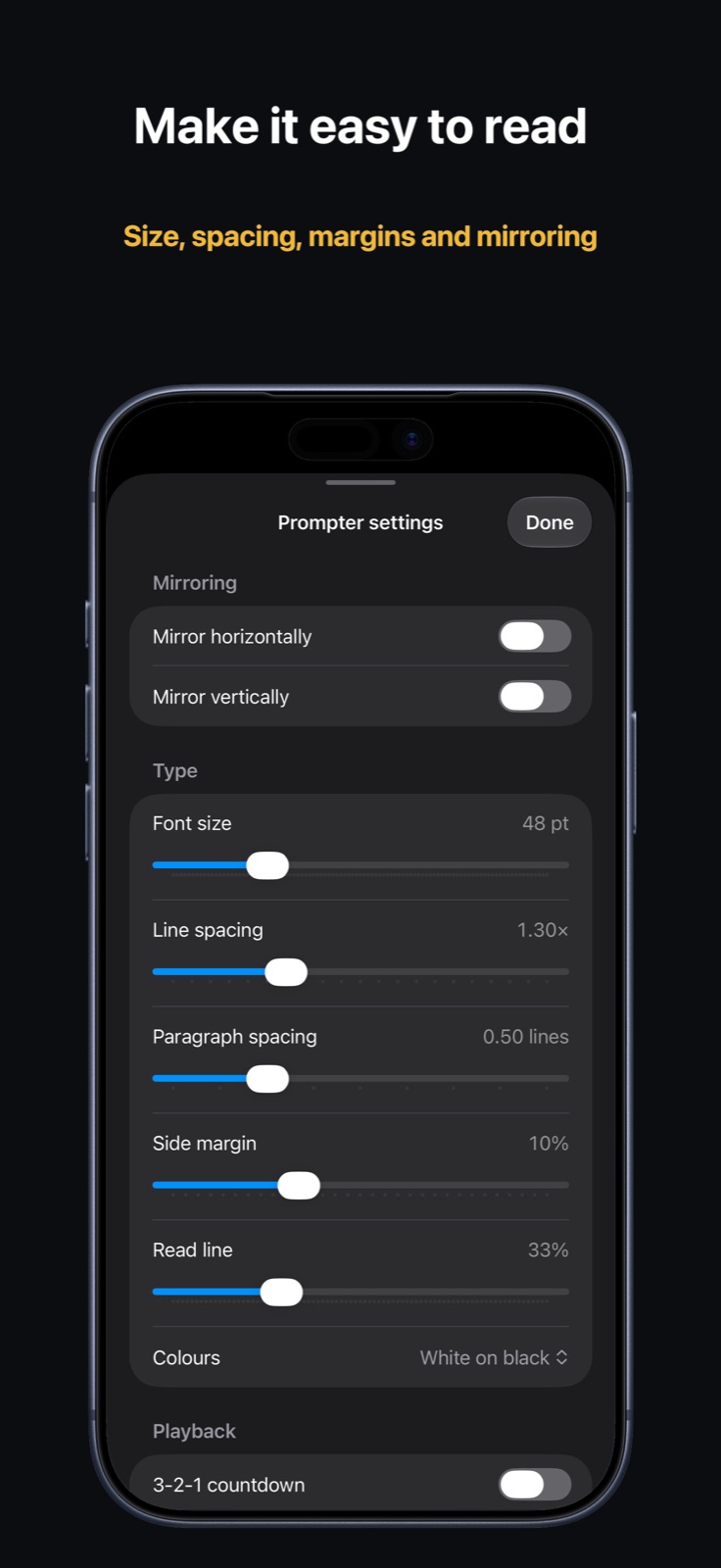 Prompter settings for size, spacing and mirroring